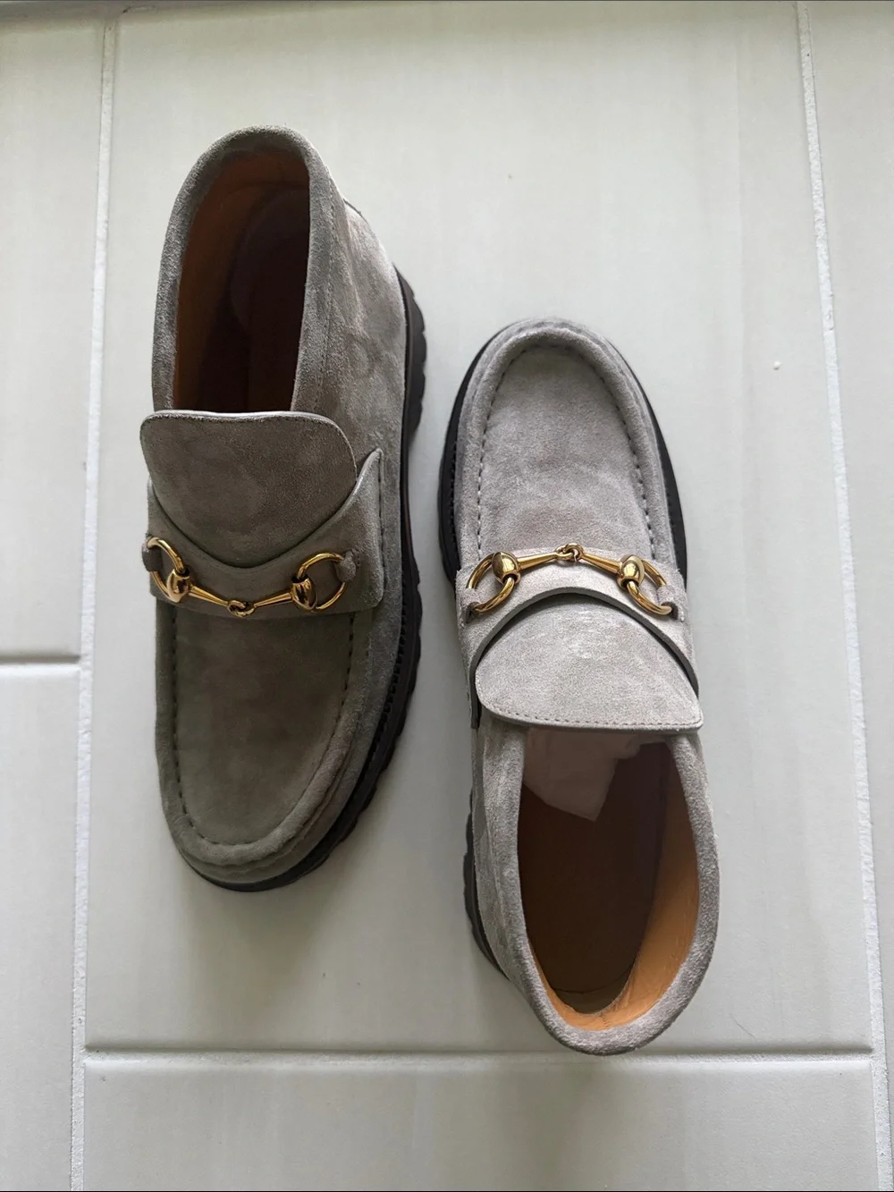 Gucci Light Gray Suede Horsebit Loafers